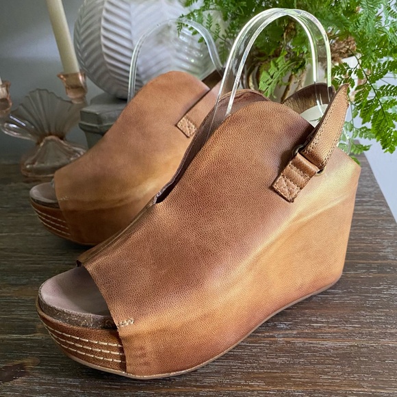 Antelope Leather Slingback Platform Wedges Heel Sandals Shoes Women 37 US 7 - Picture 1 of 9